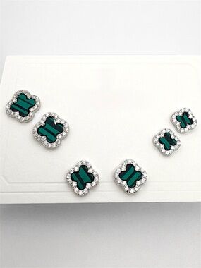 Malachite & Silver Clover Earrings Set 6 Pc Silver Plated
